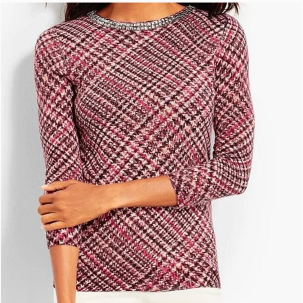Talbots 100% Cashmere Sweater Jewel Neckline Pink Burgundy Houndstooth XS